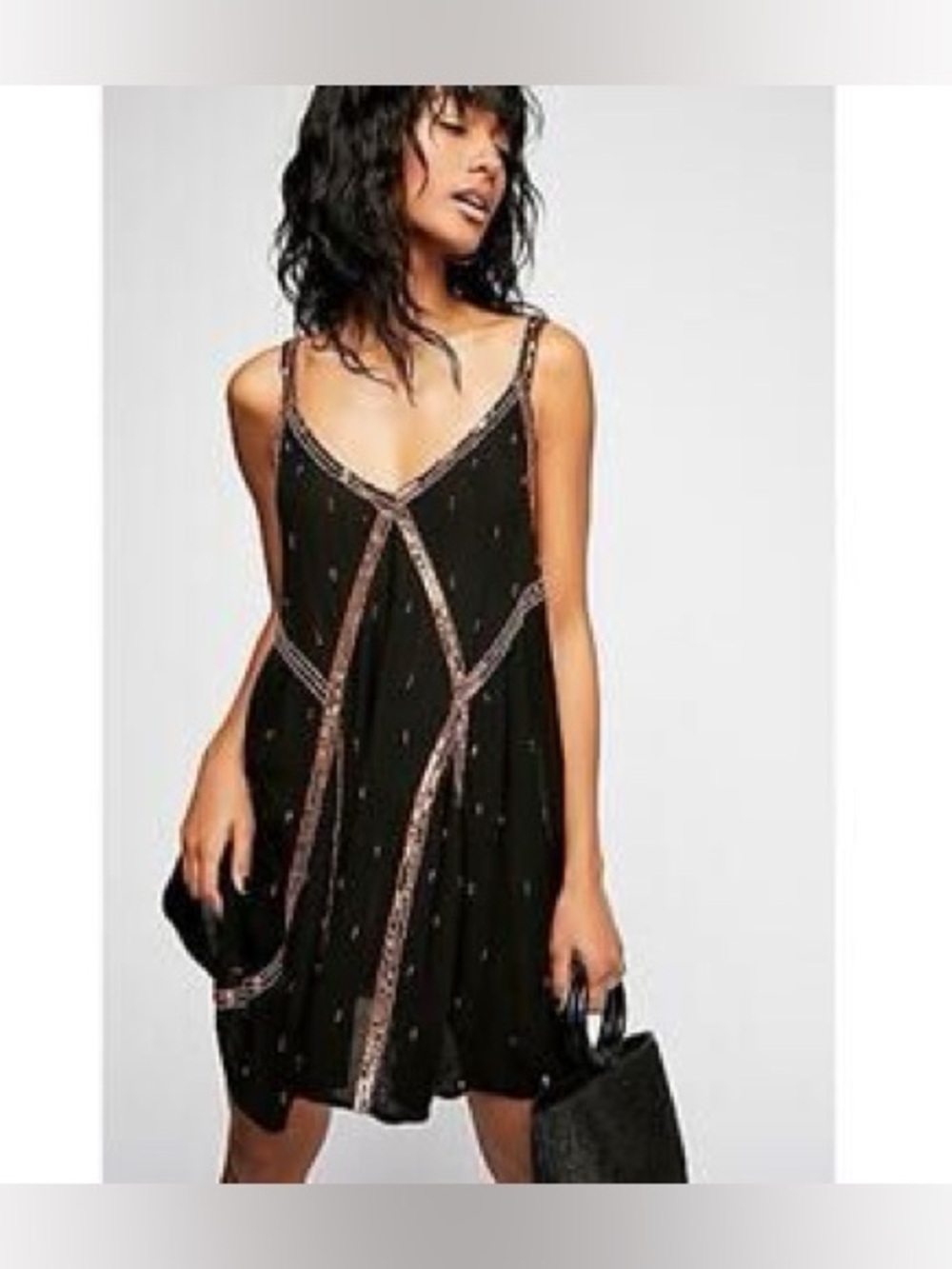 Free People Black Mini Dress with Bronze Bead & Sequin Embellishment